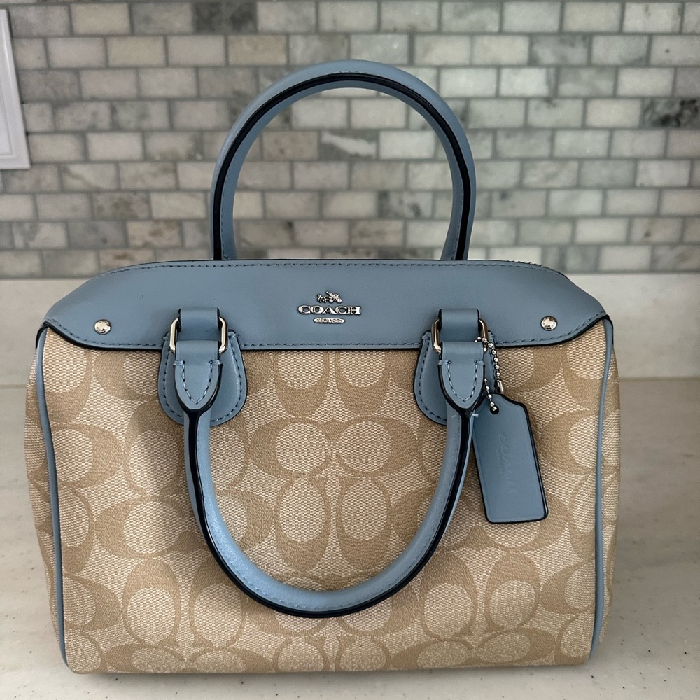 Coach Tan and Blue Satchel with Signature Monogram